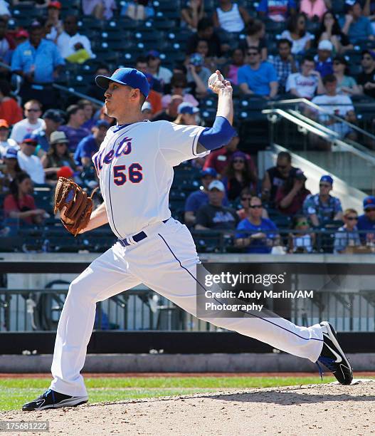 Pedro Feliciano of the New York Mets pitches against the Kansas City Royals during the game at Citi Field on August 4, 2013 in the Flushing...