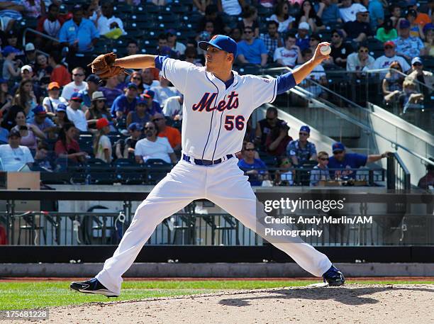 Pedro Feliciano of the New York Mets pitches against the Kansas City Royals during the game at Citi Field on August 4, 2013 in the Flushing...