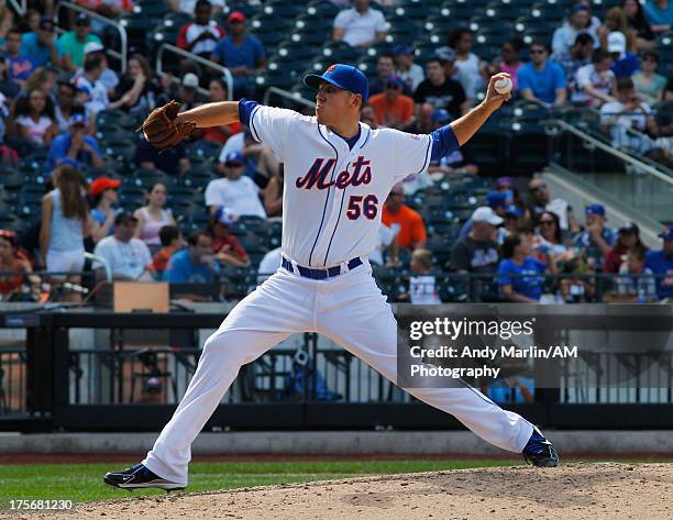 Pedro Feliciano of the New York Mets pitches against the Kansas City Royals during the game at Citi Field on August 4, 2013 in the Flushing...
