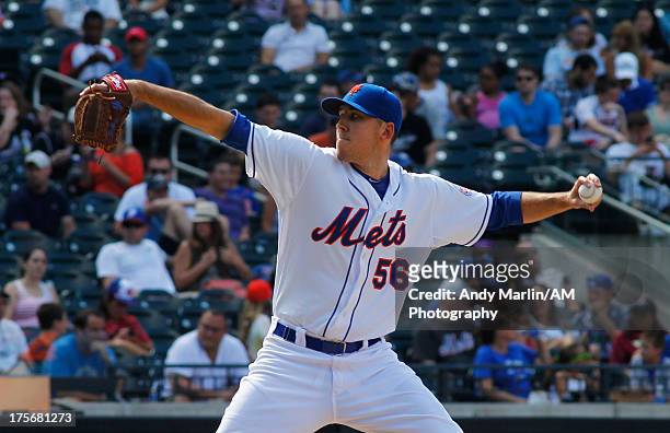 Pedro Feliciano of the New York Mets pitches against the Kansas City Royals during the game at Citi Field on August 4, 2013 in the Flushing...