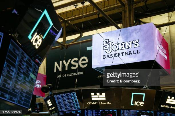 St. John's Red Storm basketball team signage on the floor of the New York Stock Exchange in New York, US, on Tuesday, Oct. 31, 2023. Wall Street is...