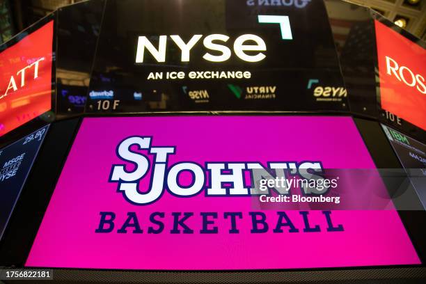 St. John's Red Storm basketball team signage on the floor of the New York Stock Exchange in New York, US, on Tuesday, Oct. 31, 2023. Wall Street is...