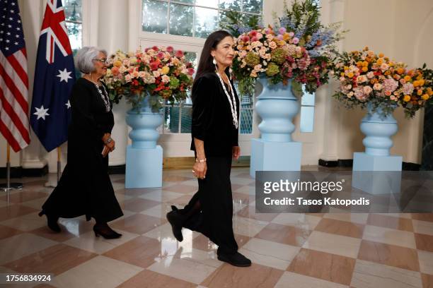 Secretary of the Interior Deb Haaland and Aleta Suazo arrive for a state dinner at the White House on October 25, 2023 in Washington, DC. President...