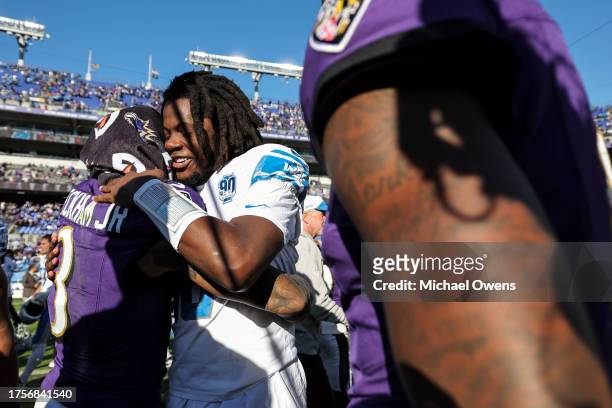 Odell Beckham Jr. #3 of the Baltimore Ravens hugs Teddy Bridgewater of the Detroit Lions following an NFL football game between the Baltimore Ravens...