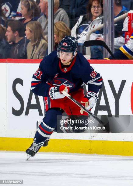 Cole Perfetti of the Winnipeg Jets skates during second period action against the St. Louis Blues at Canada Life Centre on October 24, 2023 in...