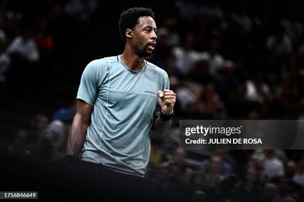 France's Gael Monfils reacts after a point during his men's singles match against Argentina's Francisco Cerundolo on day two of the Paris ATP Masters...