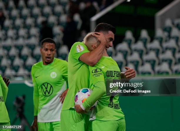 Vaclav Cerny of VfL Wolfsburg celebrates the teams first goal during the DFB cup second round match between VfL Wolfsburg and RB Leipzig at...