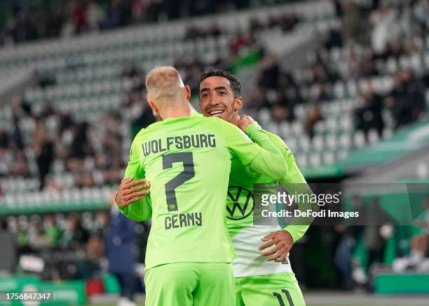 Vaclav Cerny of VfL Wolfsburg celebrates the teams first goal during the DFB cup second round match between VfL Wolfsburg and RB Leipzig at...