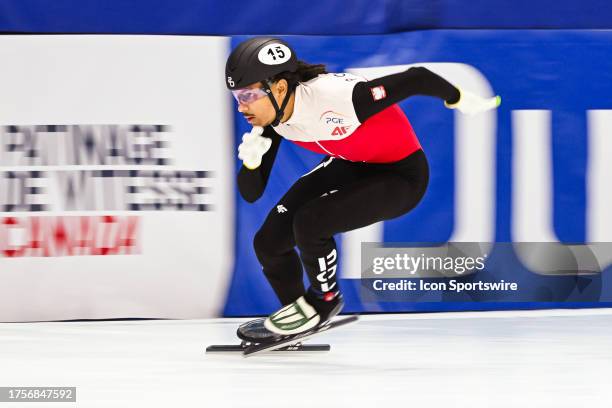 Diane Sellier skates during the 500m preliminary race at ISU World Cup Short Track 2 on October 27 at Maurice-Richard Arena in Montreal, QC