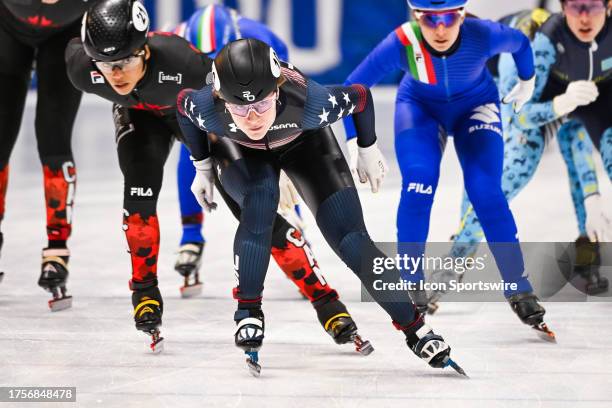 Corinne Stoddard skates during the 3000m relay semifinal race at ISU World Cup Short Track 2 on October 28 at Maurice-Richard Arena in Montreal, QC