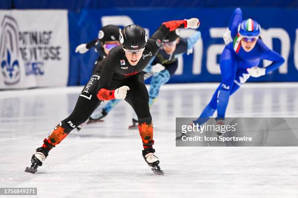 Florence Brunelle skates during the 3000m relay semifinal race at ISU World Cup Short Track 2 on October 28 at Maurice-Richard Arena in Montreal, QC