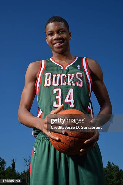 Giannis Antetokounmpo of the Milwaukee Bucks poses for a portrait during the 2013 NBA Rookie Photo Shoot on August 6, 2013 at the MSG Training...