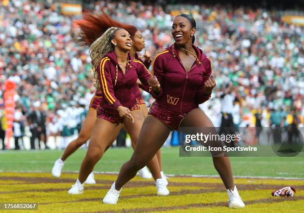 Washington Commanders cheerleaders perform during the Philadelphia Eagles game versus the Washington Commanders on October 29 at FedEx Field in...