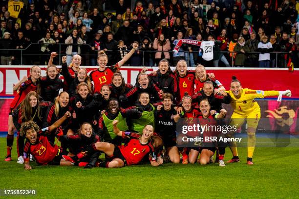 The team of Belgium celebrate their team's win after the UEFA Women's Nations League match between Belgium and England at the King Power At Den Dreef...