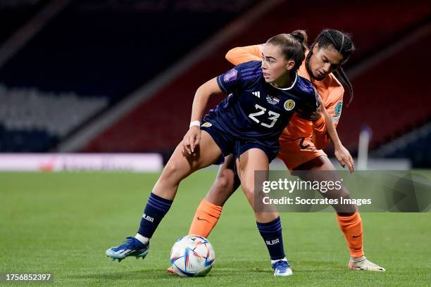 Jamie Lee Napier of Scotland Women, Esmee Brugts of Holland Women during the UEFA Womens Nations League match between Scotland Women v Holland Women...