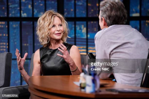 Episode 1439 -- Pictured: Actress Meg Ryan during an interview with host Seth Meyers on October 31, 2023 --