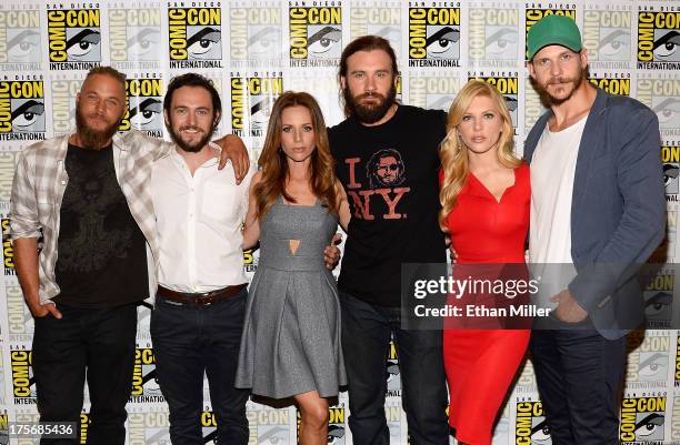 Actors Travis Fimmel and George Blagden, actress Jessalyn Gilsig, actor Clive Standen, actress Katheryn Winnick and actor Gustaf Skarsgard attend a...