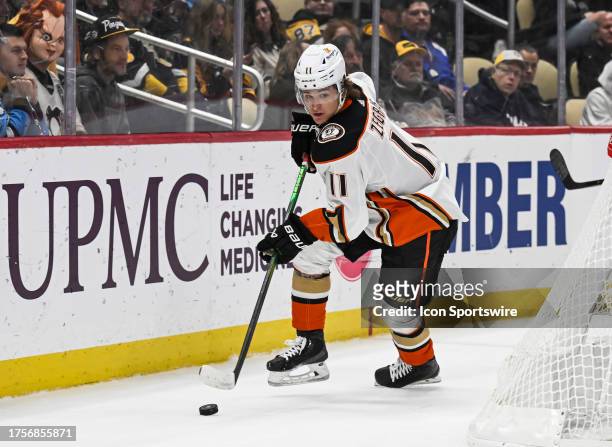 Anaheim Ducks center Trevor Zegras skates with the puck during the first period in the NHL game between the Pittsburgh Penguins and the Anaheim Ducks...