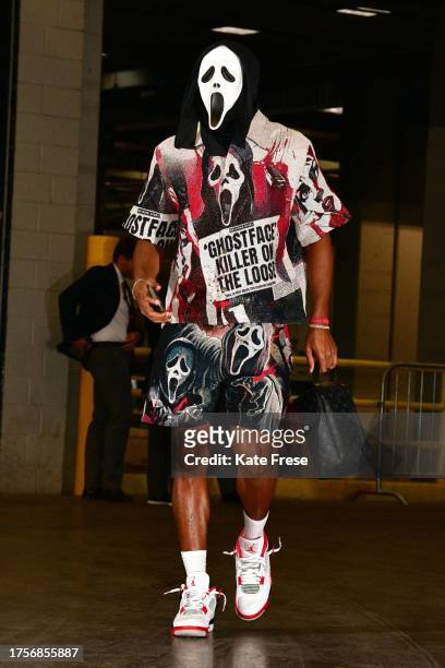 Devonte Graham of the San Antonio Spurs arrives to the arena in a Halloween costume before the game against the Phoenix Suns on October 31, 2023 at...