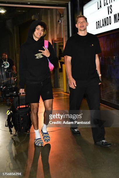 Anthony Black of the Orlando Magic and Moritz Wagner of the Orlando Magic arrives to the arena before the game against the LA Clippers on October 31,...