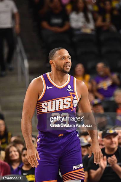 Eric Gordon of the Phoenix Suns smiles during the game against the Los Angeles Lakers on October 19, 2023 at the Acrisure Arena in Palm Springs,...