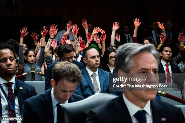 Washington, DC Activists protest against war in Gaza as Secretary of State Antony Blinken and Defense Secretary Lloyd Austin testify during a Senate...