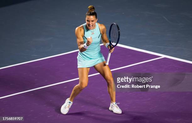 Maria Sakkari of Greece in action against Elena Rybakina of Kazakhstan in the second round robin match on Day 3 of the GNP Seguros WTA Finals Cancun...