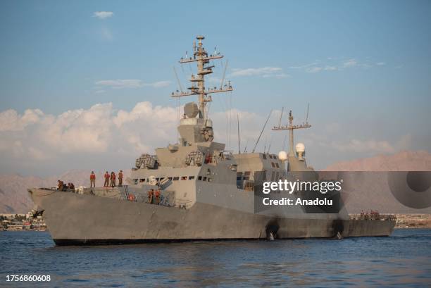 View of Israeli warship after the Israeli army has officially announced the deployment of missile ships at the Red Sea on November 01, 2023.