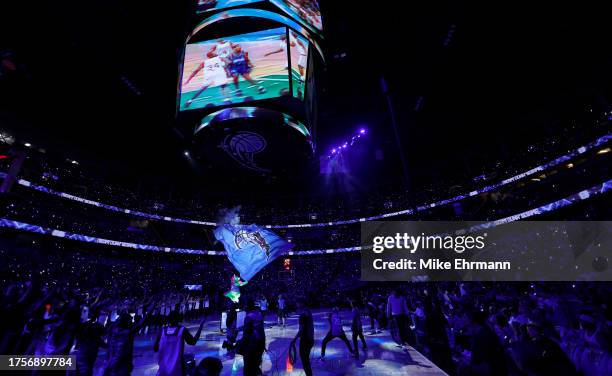 Orlando Magic mascot Stuff performs during the opening night game against the Houston Rockets at Amway Center on October 25, 2023 in Orlando,...