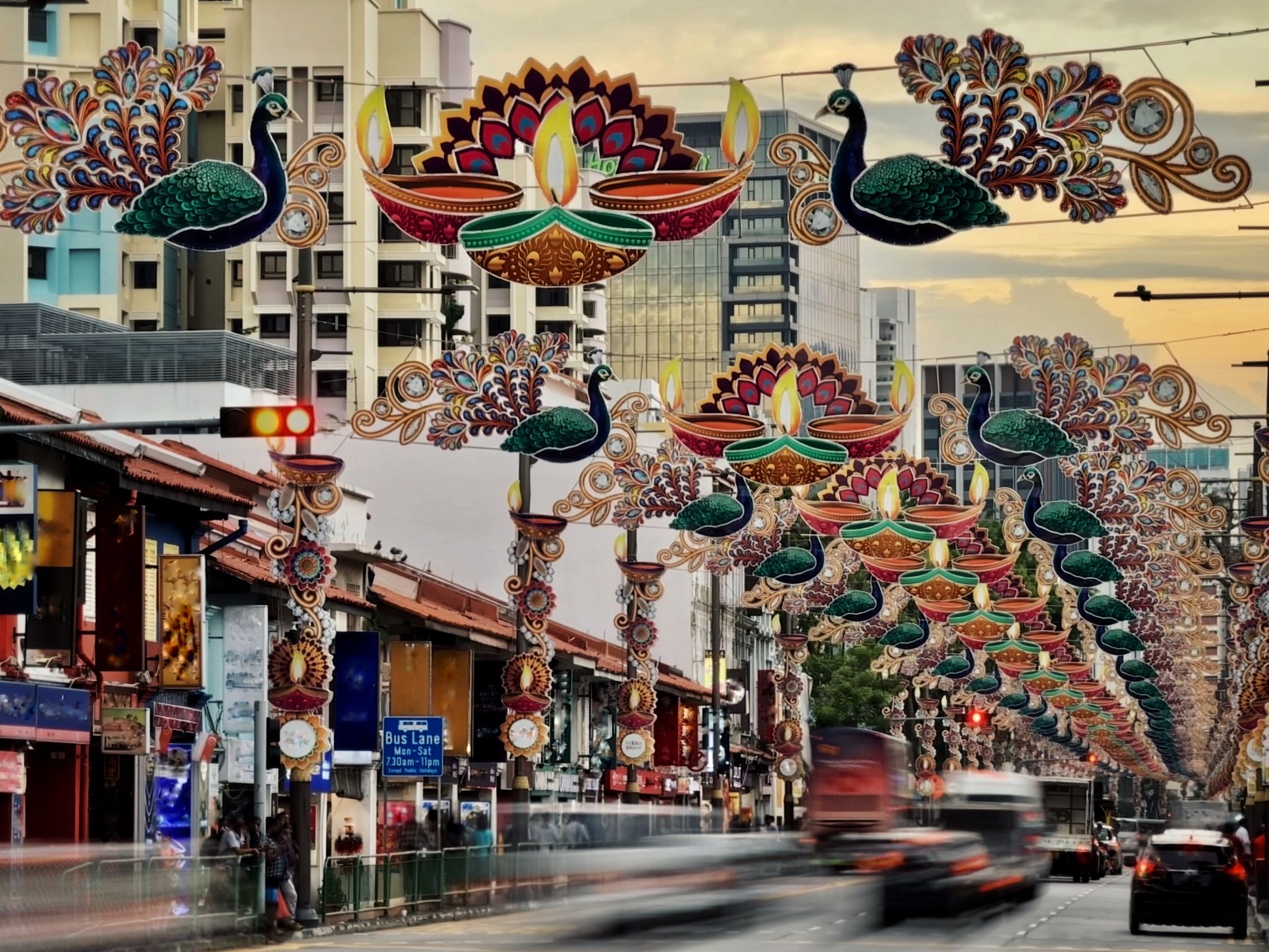 Long exposure image taken on mobile device of the colorful deepavali decorations in the streets of little India in Singapore Long exposure image taken on mobile device of the colorful deepavali decorations in the streets of little India in Singapore