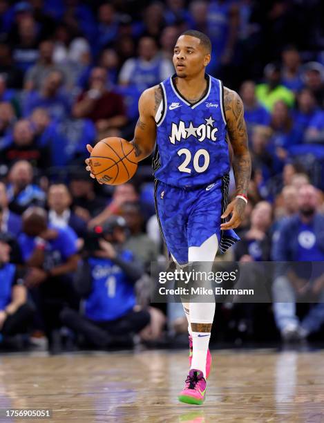 Markelle Fultz of the Orlando Magic brings the ball up the floor during the opening night game against the Houston Rockets at Amway Center on October...