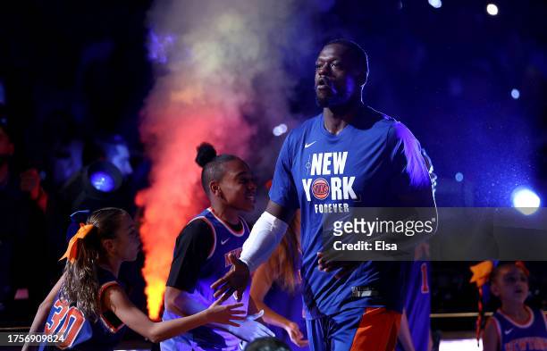 Julius Randle of the New York Knicks walks on the court for player introductions before the home opening game against the Boston Celtics at Madison...