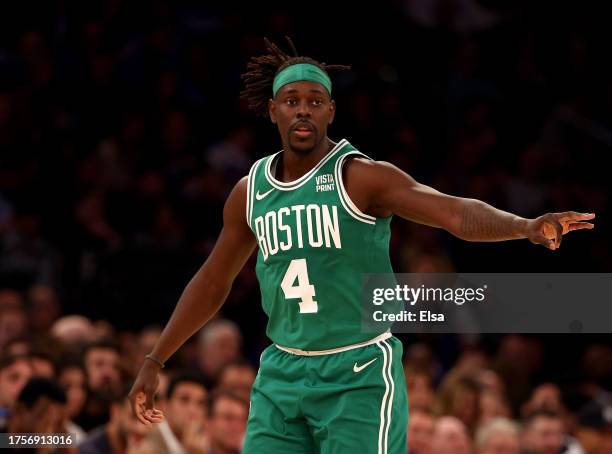 Jrue Holiday of the Boston Celtics celebrates a shot in the first half against the New York Knicks at Madison Square Garden on October 25, 2023 in...