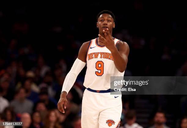 Barrett of the New York Knicks celebrates a shot in the first half against the Boston Celtics at Madison Square Garden on October 25, 2023 in New...