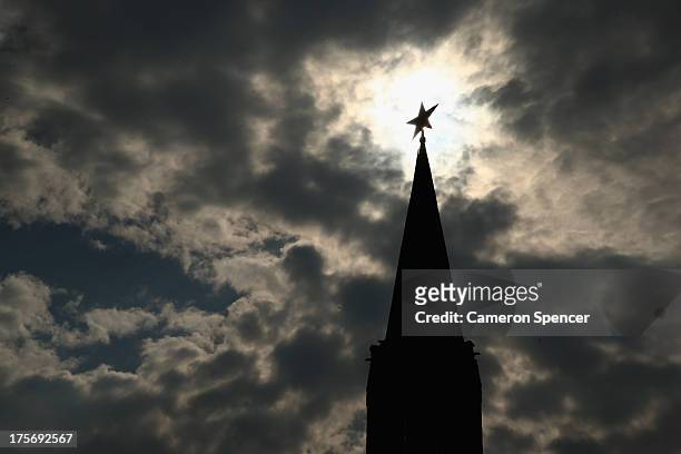 The spire of the Vodovzvodnaya Tower at the Kremlin is seen ahead of the IAAF World Championships on August 6, 2013 in Moscow, Russia.