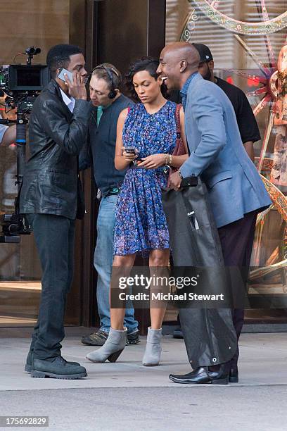 Actors Chris Rock, Rosario Dawson and J.B. Smoove seen on the set of 'The Untitled Chis Rock Project' on August 6, 2013 in New York City.