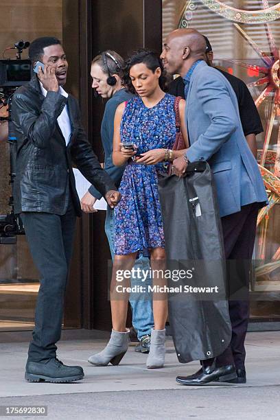 Actors Chris Rock, Rosario Dawson and J.B. Smoove seen on the set of 'The Untitled Chis Rock Project' on August 6, 2013 in New York City.