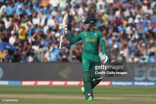 Rassie van der Dussen of South Africa celebrates after scoring a fifty during the ICC Men's Cricket World Cup 2023 match between South Africa and New...