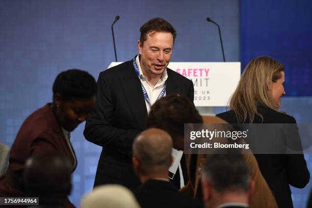 Elon Musk, chief executive officer of Tesla Inc., at the AI Safety Summit 2023 at Bletchley Park in Bletchley, UK, on Wednesday, Nov. 1, 2023. The...