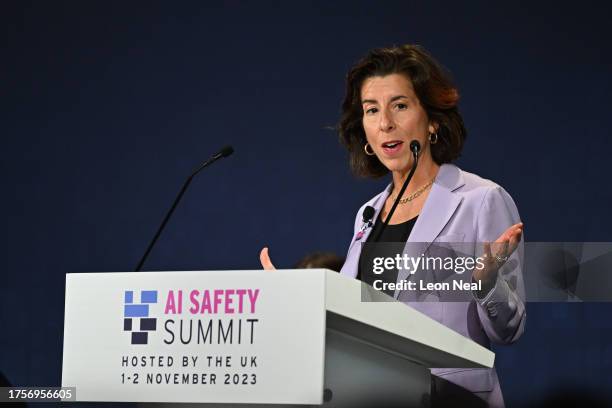 Secretary of Commerce Gina Raimondo speaks on Day 1 of the AI Safety Summit at Bletchley Park on November 1, 2023 in Bletchley, England. The UK...