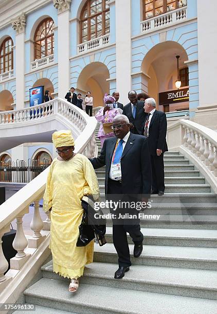 Lamime Diack, IAAF president and wife, Bintou Diack arrive during the opening ceremony of the 49th IAAF Congress at Gostiny Dvor on August 6, 2013 in...