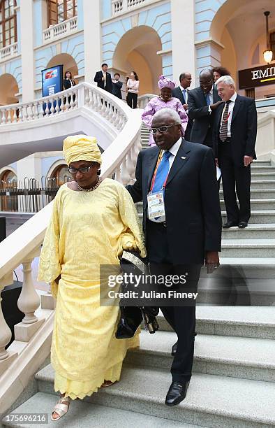 Lamime Diack, IAAF president and wife, Bintou Diack arrive during the opening ceremony of the 49th IAAF Congress at Gostiny Dvor on August 6, 2013 in...