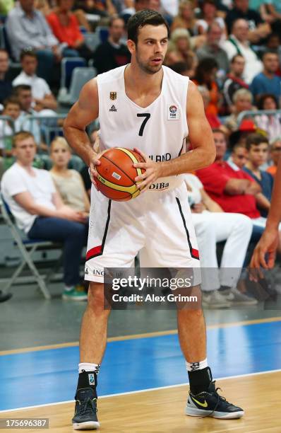 Philip Zwiener of Germany controles the ball during the international friendly match between Germany and France at SAP Arena on August 6, 2013 in...