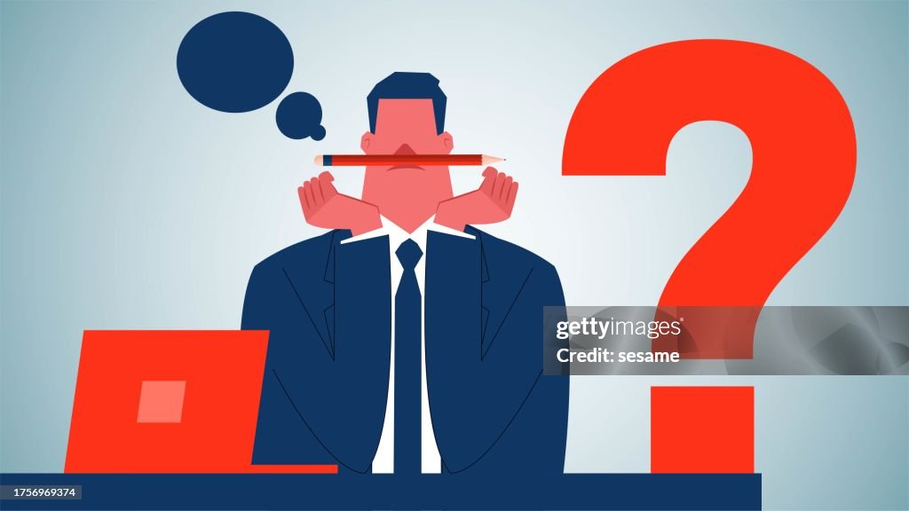 Contemplative Businessman, Thinking, New Ideas New Ideas New Problems, Solutions, Holding Pencil Between Mouth and Nose Businessman Sitting at Desk Contemplating