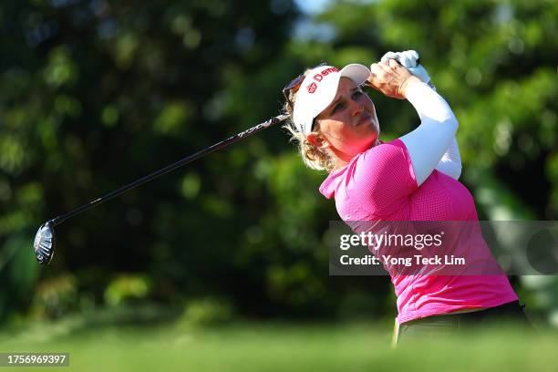 Nanna Koerstz Madsen of Denmark tees off on the 2nd hole during the first round of the Maybank Championship at Kuala Lumpur Golf and Country Club on...