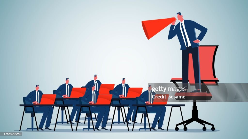 Ordering and controlling employees to work, corporate culture, company management system, bossy leader, manager standing on an office chair with a megaphone ordering employees to work