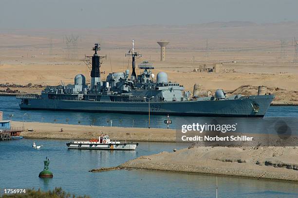 British destroyer passes south through the Suez canal towards the Red Sea February 1, 2003 in Suez, Egypt. This is the largest British naval task...