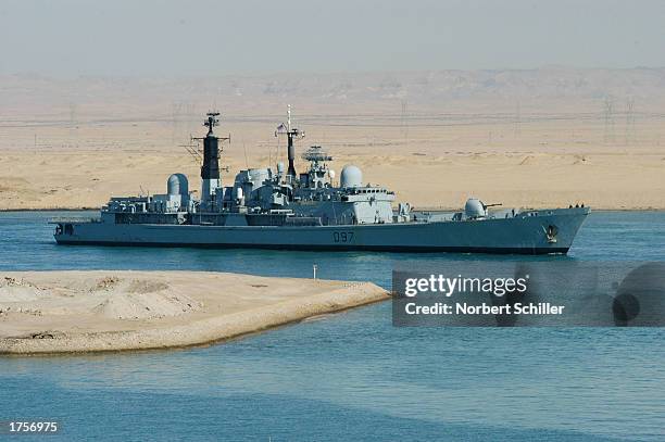 British destroyer passes south through the Suez canal towards the Red Sea February 1, 2003 in Suez, Egypt. This is the largest British naval task...