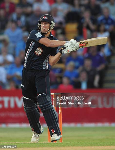 Cameron White of Northamptonshire Steelbacks hits a shot during his innings of 58 not out during the Friends Life T20 Quarter Final between...