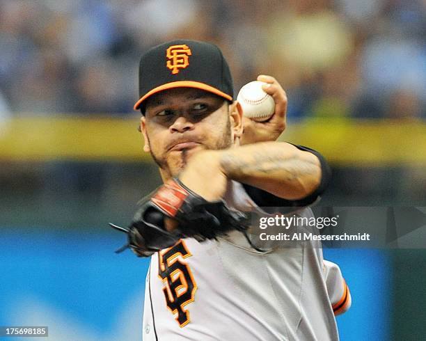 Pitcher Guillermo Moscoso of the San Francisco Giants starts against the Tampa Bay Rays August 4, 2013 at Tropicana Field in St. Petersburg, Florida....